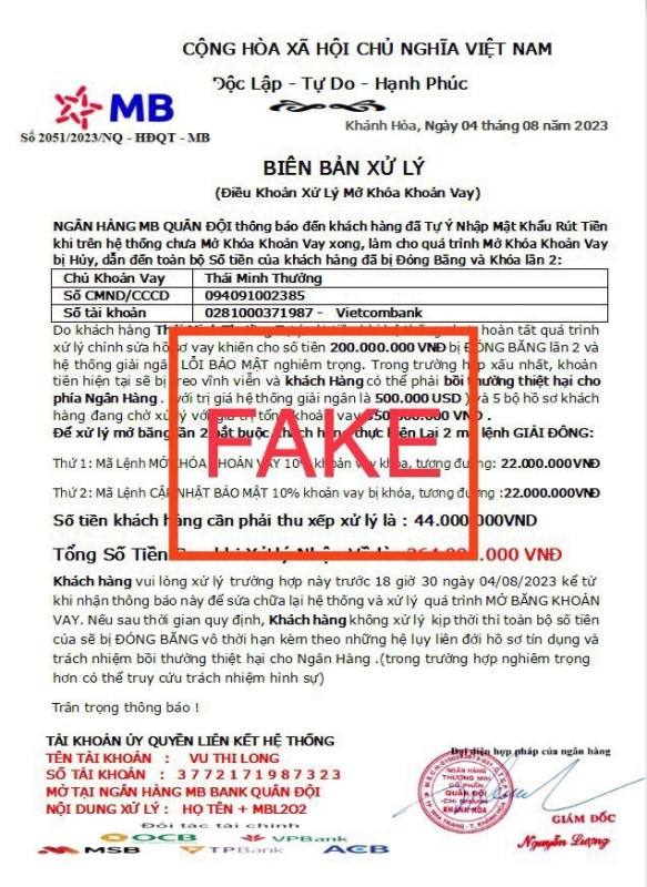 Văn bản giả mạo ngân hàng MB gửi tới anh M.T.