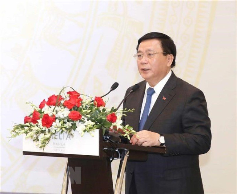 Ông Nguyễn Xuân Thắng, Ủy viên Bộ Chính trị, Chủ tịch Hội đồng Lý luận Trung ương, Giám đốc Học viện Chính trị quốc gia Hồ Chí Minh phát biểu. (Ảnh: Phương Hoa/TTXVN)