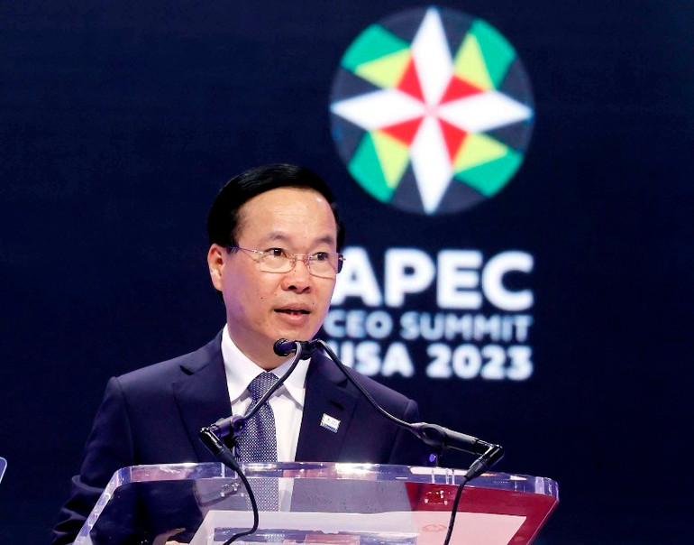Chủ tịch nước Võ Văn Thưởng phát biểu tại Hội nghị Thượng đỉnh Doanh nghiệp APEC. (Ảnh: Thống Nhất/TTXVN)