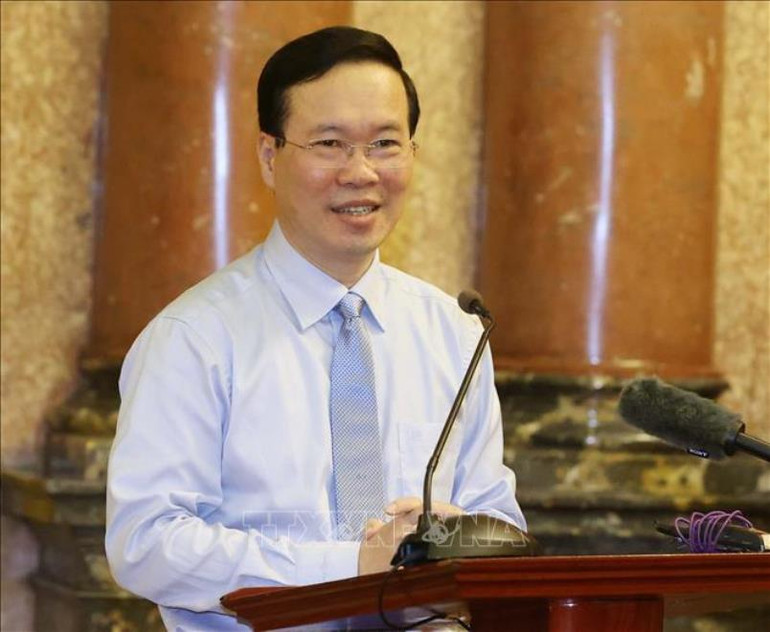 Chủ tịch nước Võ Văn Thưởng phát biểu tại buổi gặp. (Ảnh: TTXVN)