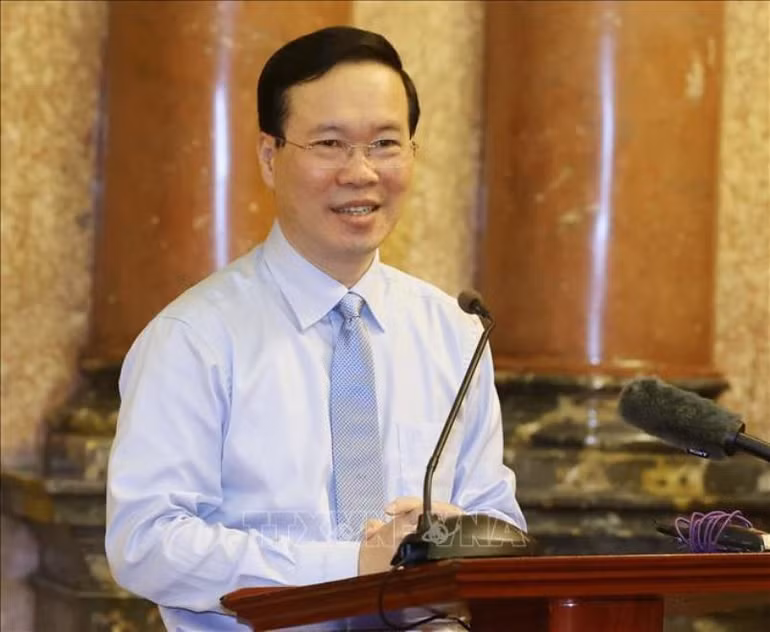 Chủ tịch nước Võ Văn Thưởng phát biểu tại buổi gặp. (Ảnh: TTXVN)