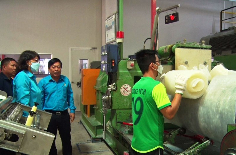 Lãnh đạo Liên đoàn Lao động và Sở Lao động-Thương binh và Xã hội Long An thăm, động viên công nhân lao động Công ty trách nhiệm hữu hạn Force Tech.