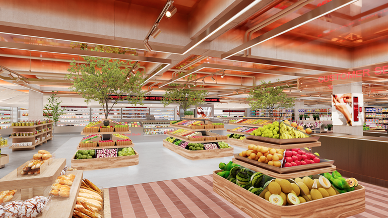 Ụ đảo trái cây độc đáo trong siêu thị.