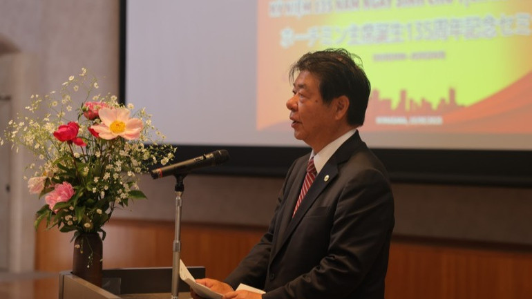 Thị trưởng thành phố Mimasaka - ông Hagiwara Seiji phát biểu tại Hội thảo. (Ảnh: MY LÊ)