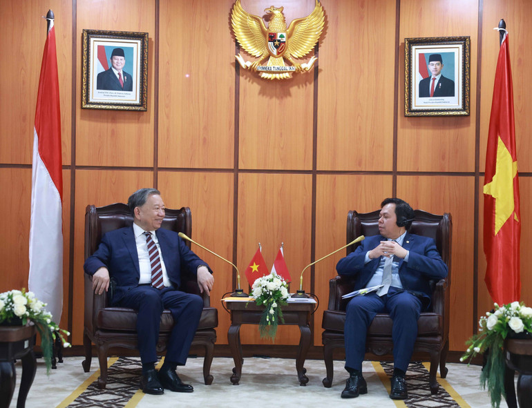 Tổng Bí thư Tô Lâm gặp Chủ tịch Hội đồng Đại biểu địa phương Indonesia Sultan Bachtiar Najamudin. Ảnh: Thống Nhất – TTXVN