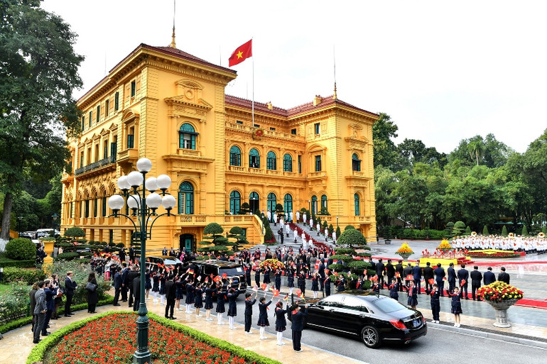 Quang cảnh lễ đón chính thức Tổng thống Cộng hòa Liên bang Đức Frank-Walter Steinmeier thăm cấp Nhà nước tới Việt Nam. Ảnh ĐĂNG KHOA