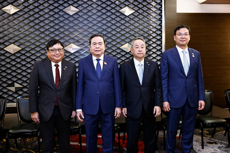 Chủ tịch Quốc hội Trần Thanh Mẫn làm việc với 2 Đồng Chủ tịch Ủy ban Kinh tế Nhật-Việt Keidanren. (Ảnh: Doãn Tấn - TTXVN)