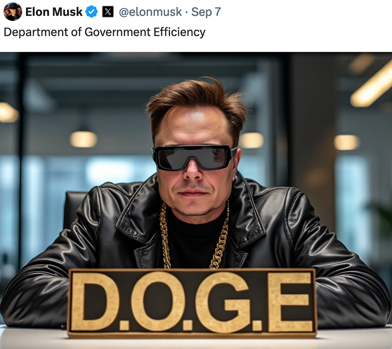 Ngày 7/9/2024, Giám đốc điều hành hãng xe điện Tesla, tỷ phú Elon Musk đăng tải trên mạng xã hội X hình ảnh của mình cùng dòng tin nhắn: Bộ Hiệu quả Chính phủ (DOGE). (Ảnh chụp màn hình: Elon Musk/X)