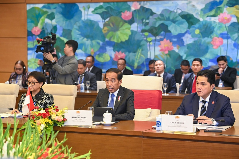 Tổng thống Indonesia Joko Widodo phát biểu tại buổi hội kiến. (Ảnh: DUY LINH)