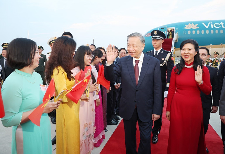 Cán bộ, nhân viên Đại sứ quán và cộng đồng người Việt Nam đón Tổng Bí thư, Chủ tịch nước Tô Lâm và Phu nhân tại Sân bay quốc tế Bắc Kinh. (Ảnh: Trí Dũng – TTXVN)