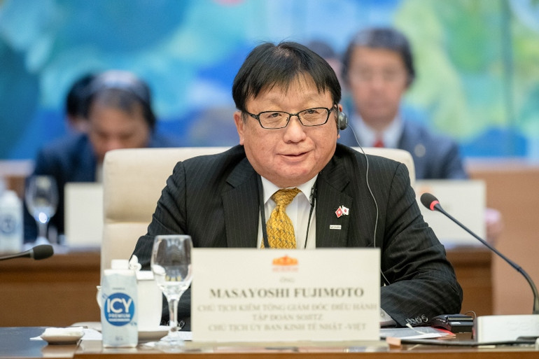Ngài Masayoshi Fujimoto, Chủ tịch kiêm Tổng Giám đốc điều hành Tập đoàn Sojitz, Chủ tịch Ủy ban Kinh tế Nhật-Việt phát biểu tại buổi tiếp. (Ảnh: DUY LINH)