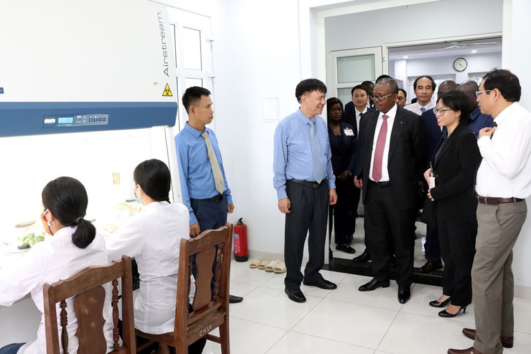 Tổng thống nước Cộng hòa Guinea-Bissau Umaro Sissoco Embaló thăm quan phòng thí nghiệm của Viện Cây lương thực và Cây thực phẩm. Ảnh: Mạnh Tú - TTXVN