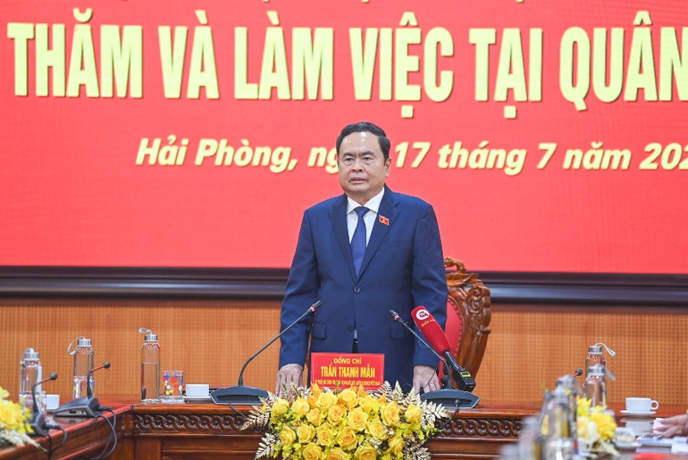 Chủ tịch Quốc hội Trần Thanh Mẫn phát biểu chỉ đạo tại buổi làm việc. (Ảnh DUY LINH)