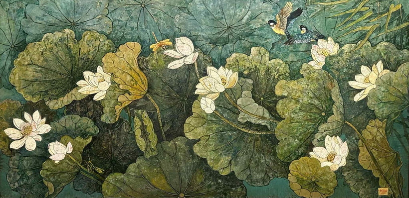 Đỗ Đức Khải, Vào hạ, sơn mài, 90x180cm, 2024.