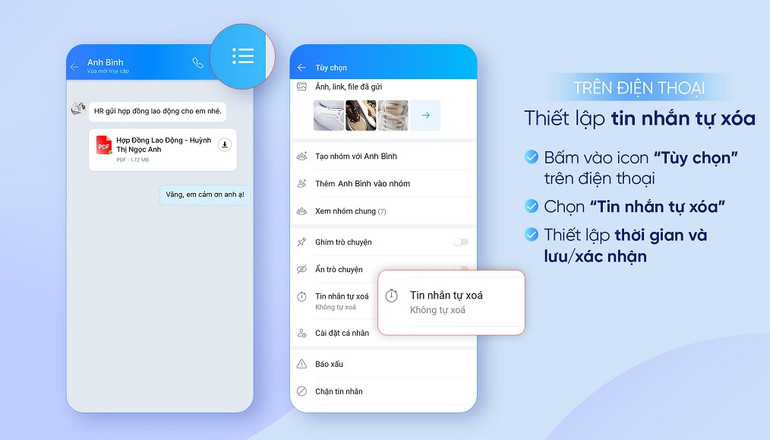 Người dùng dễ dàng thiết lập Tin nhắn tự xóa trên điện thoại. Zalo bổ sung tin nhắn tự xóa trên máy tính và điện thoại -0