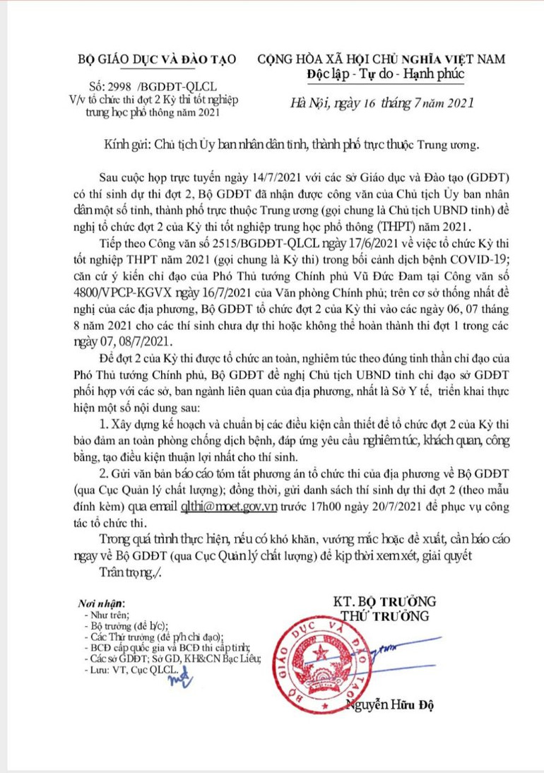 Thi tốt nghiệp trung học phổ thông đợt 2 vào ngày 6 và 7/8 -0