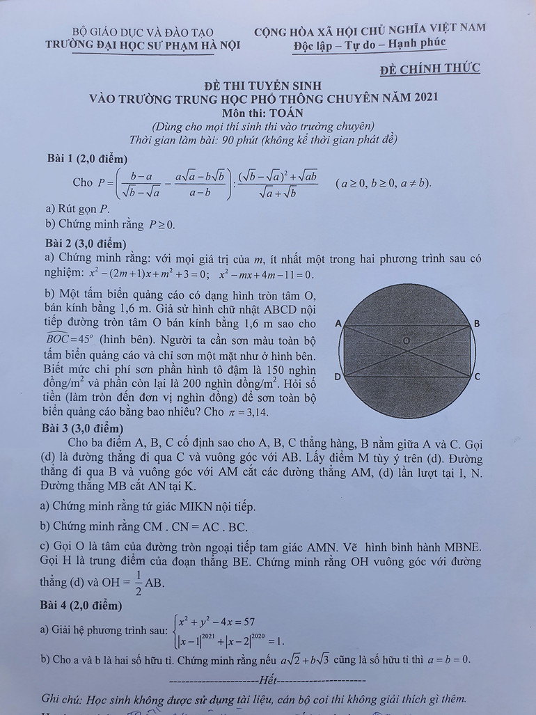 Đề thi, gợi ý đáp án môn Toán thi vào lớp 10 Trường chuyên đại học Sư phạm -0