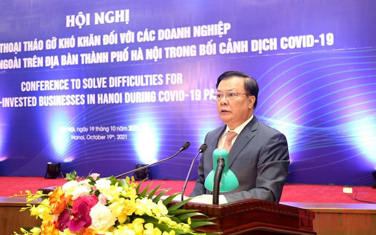 Bí thư Thành ủy Hà Nội Đinh Tiến Dũng phát biểu khai mạc Hội nghị. Hà Nội đối thoại tháo gỡ khó khăn cho doanh nghiệp FDI -0