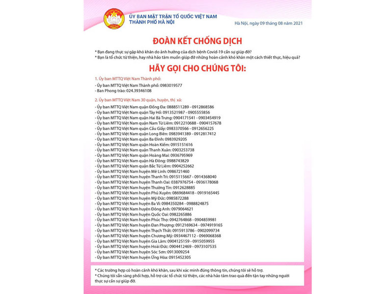 Fanpage “Đoàn kết chống dịch” và các số điện thoại “Hotline’’. Hà Nội khởi động chương trình “Đoàn kết vượt dịch” -0