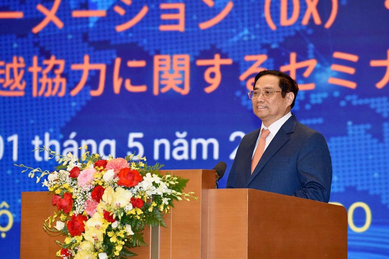 Thủ tướng Phạm Minh Chính phát biểu tại hội thảo. (Ảnh: TRẦN HẢI) Việt Nam và Nhật Bản đẩy mạnh đổi mới công nghệ, chuyển đổi số và đa dạng hóa chuỗi cung ứng -0