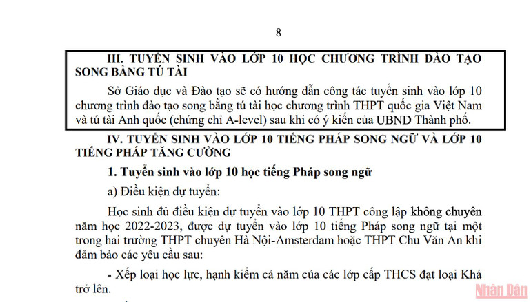 Trong khi phương án tuyển sinh của các hệ học khác rất chi tiết thì riêng chương trình đào tạo song bằng lại vẫn phải chờ. Phụ huynh mong Hà Nội sớm thông tin tuyển sinh hệ song bằng vào lớp 10 -0