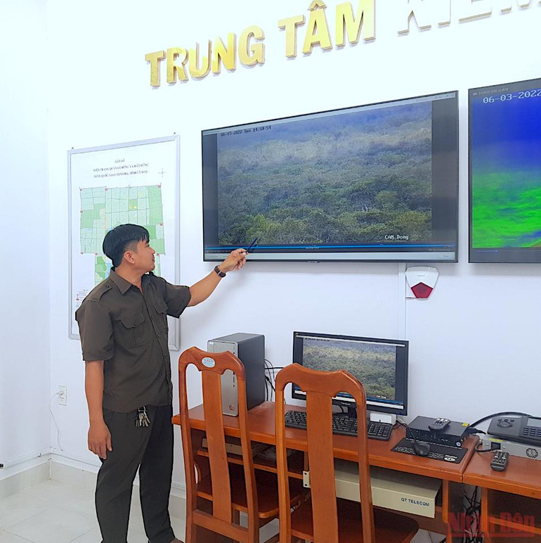 Lực lượng phòng cháy, chữa cháy của Vườn quốc gia U Minh Hạ trực theo dõi hệ thống "mắt thần" qua màn hình. Cà Mau lắp camera hỗ trợ canh lửa mùa khô -0