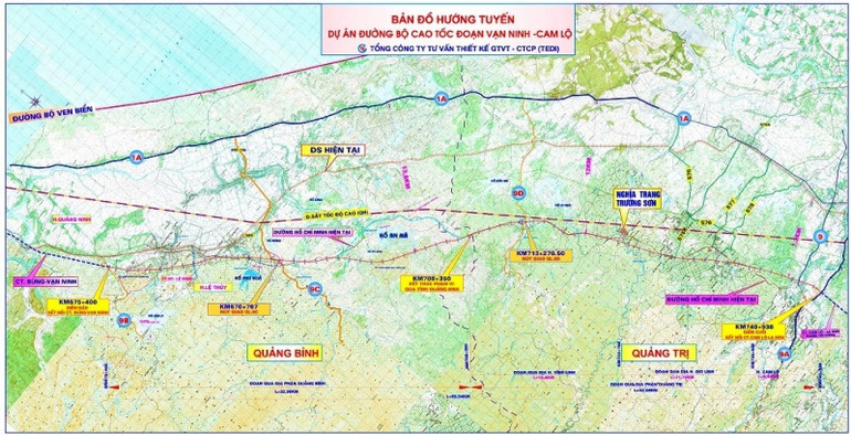 Sơ đồ hướng tuyến cao tốc bắc-nam đoạn Vạn Ninh-Cam Lộ. Quảng Bình huy động hệ thống chính trị phối hợp thực hiện dự án cao tốc bắc-nam -0