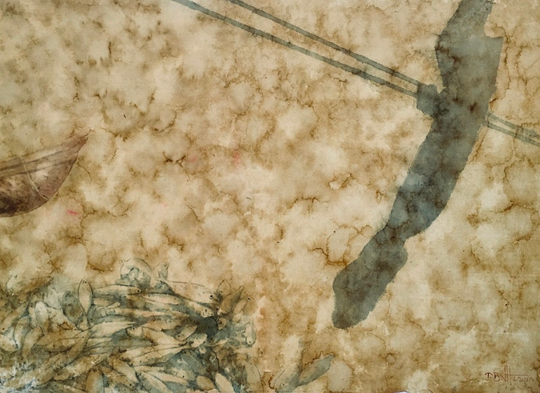 Bóng cha (Mầu nước - Giấy Dó. 117cm x 89cm, 2020). Nhẩn nha cùng