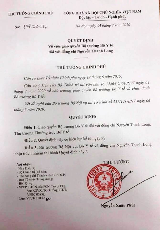 GS, TS Nguyễn Thanh Long giữ chức Bí thư Ban Cán sự Đảng, quyền Bộ trưởng Y tế ảnh 2 Thủ tướng giao quyền Bộ trưởng Y tế cho GS, TS Nguyễn Thanh Long -0