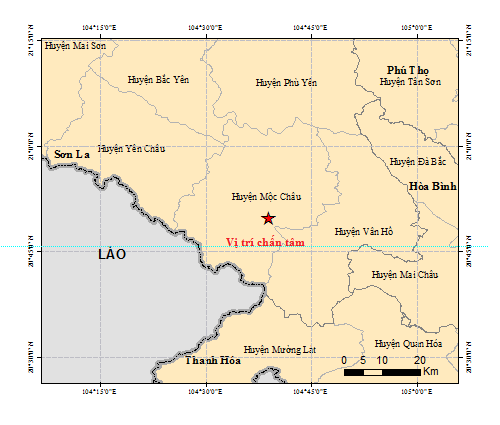 Bản đồ tâm chấn động đất. Ảnh: Viện Vật lý địa cầu. Hà Nội rung lắc do động đất ở Mộc Châu, Sơn La -0