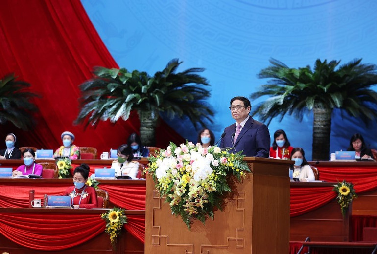 Thủ tướng Phạm Minh Chính phát biểu ý kiến tại Đại hội. (Ảnh: TTXVN) Xây dựng xã hội tốt đẹp trên nền tảng tôn trọng, tôn vinh, chăm lo, bảo vệ phụ nữ -0