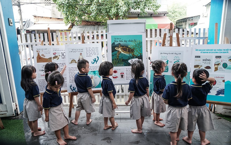 Các bạn nhỏ say mê với những bức tranh về rùa biển. (Ảnh: Nhóm TNV Rùa Biển IUCN) Vẽ tranh, cách « mềm mại » để kêu gọi bảo vệ động vật hoang dã -0