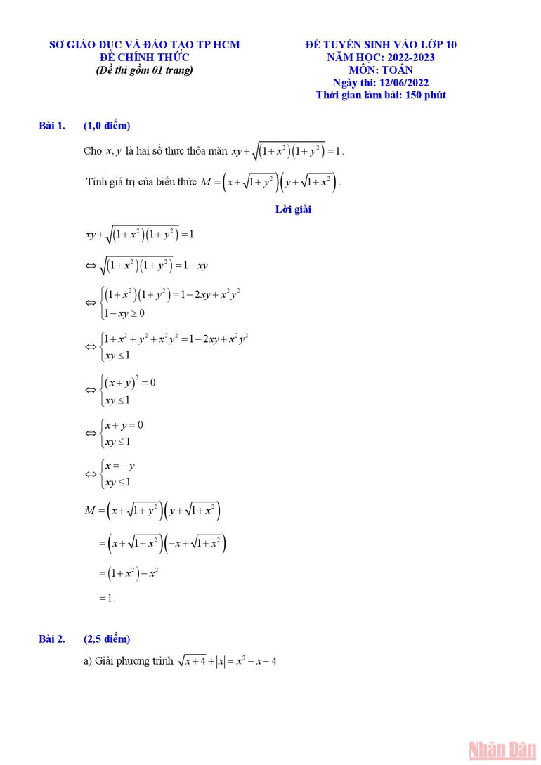 Gợi ý lời giải môn Toán chuyên thi lớp 10 của TP Hồ Chí Minh -0