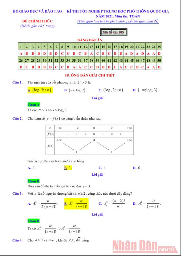 Đáp án gợi ý môn Toán Kỳ thi tốt nghiệp trung học phổ thông 2021 -0