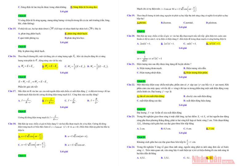 Gợi ý lời giải môn Vật lý thi tốt nghiệp trung học phổ thông 2021 -2
