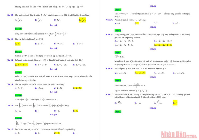 Đáp án gợi ý môn Toán Kỳ thi tốt nghiệp trung học phổ thông 2021 -3