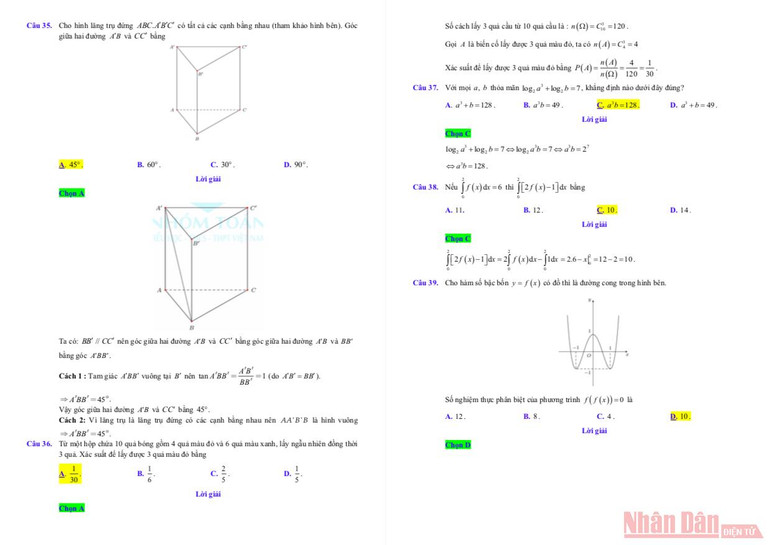 Đáp án gợi ý môn Toán Kỳ thi tốt nghiệp trung học phổ thông 2021 -5