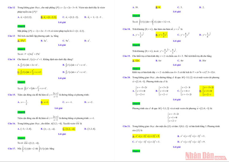 Đáp án gợi ý môn Toán Kỳ thi tốt nghiệp trung học phổ thông 2021 -2