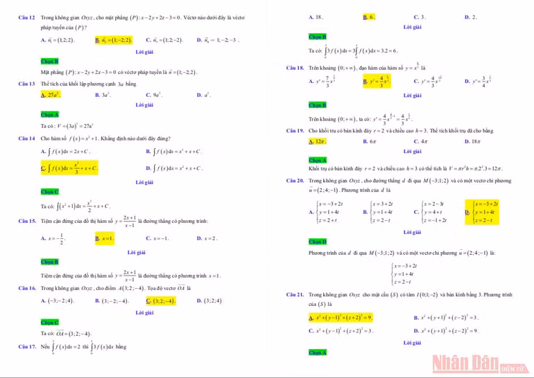 Đáp án gợi ý môn Toán Kỳ thi tốt nghiệp trung học phổ thông 2021 -2