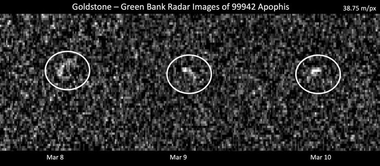Những hình ảnh radar về tiểu hành tinh Apophis vào ngày 8, 9 và 10-3, khi nó tiếp cận gần Trái đất trong vòng 17 triệu km. Ảnh: NASA. NASA: Trái đất an toàn trước tiểu hành tinh Apophis trong 100 năm tới -0