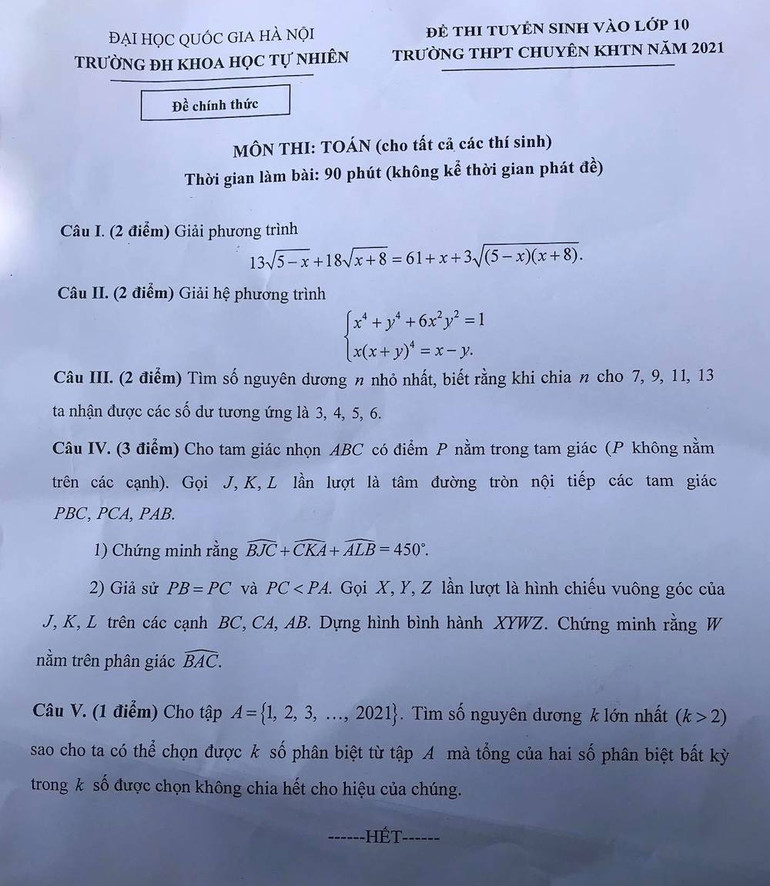 Đề thi và gợi ý lời giải môn Toán thi 10 Trường chuyên Khoa học Tự nhiên -0