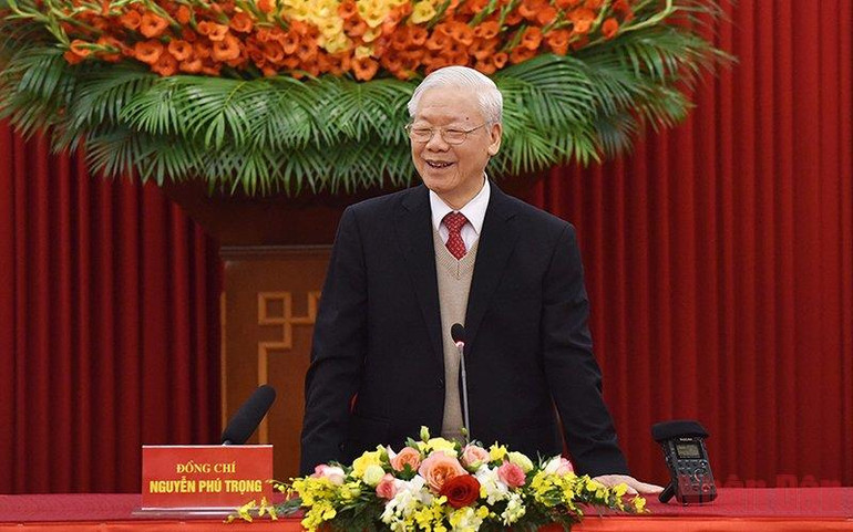 Tổng Bí thư Nguyễn Phú Trọng phát biểu tại buổi lễ. (Ảnh: Trần Hải) Trao quyết định cho các đồng chí nguyên Ủy viên Bộ Chính trị nghỉ hưu -0