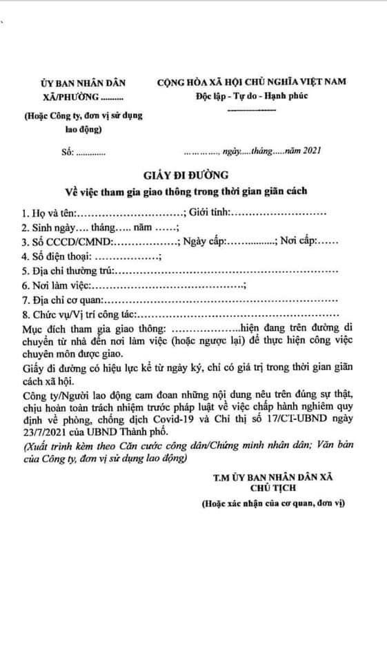 Hà Nội ban hành mẫu giấy đi đường cho một số đối tượng đủ điều kiện lưu thông -0