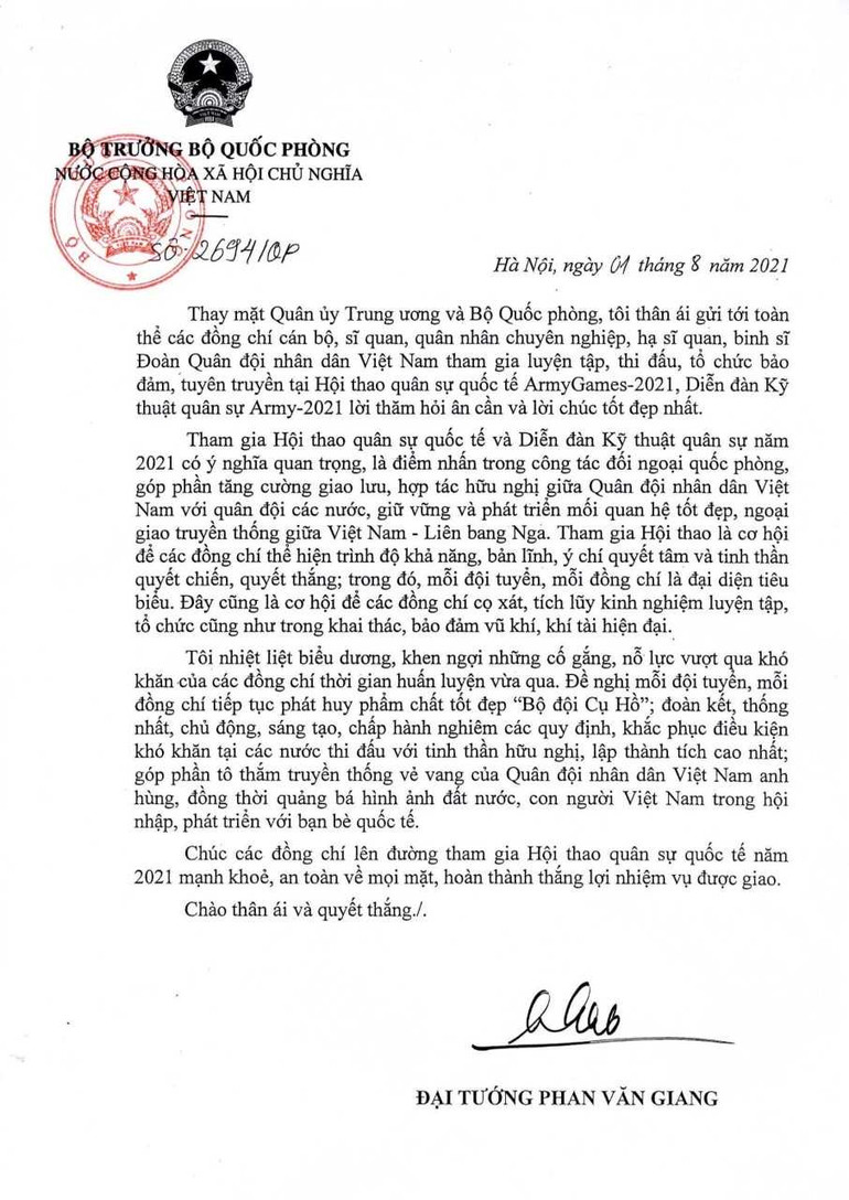 Đại tướng Phan Văn Giang gửi thư động viên chiến sĩ tham gia Army Games-2021, Diễn đàn Kỹ thuật quân sự Army-2021 -0