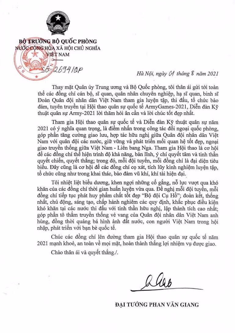 Đại tướng Phan Văn Giang gửi thư động viên chiến sĩ tham gia Army Games-2021, Diễn đàn Kỹ thuật quân sự Army-2021 -0