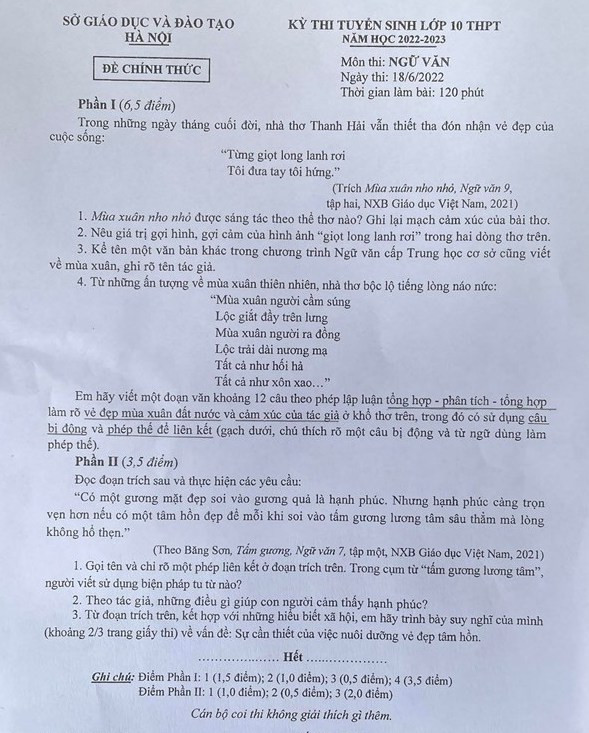 Gợi ý giải đề Ngữ văn thi lớp 10 TP Hà Nội -0