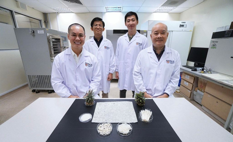 Từ trái qua: PGS Dương Minh Hải, Nguyễn Thái Thiên Phúc, Loh Jing Wen và PGS Phan Toàn Thắng. (Ảnh: NUS) Hai nhà khoa học gốc Việt sáng chế viên