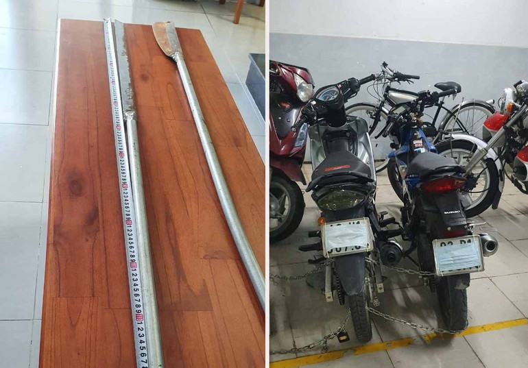 Hung khí tự chế và biển số xe mô-tô bị dán kín. Nhóm thanh thiếu niên mang nhiều hung khí náo loạn đường phố -0