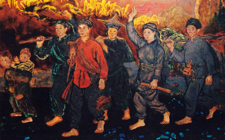 Du kịch Bắc Sơn về bản Pình, tranh sơn mài của họa sĩ Nguyễn Văn Tỵ. Triển lãm mỹ thuật trực tuyến “Con đường Độc lập” -0