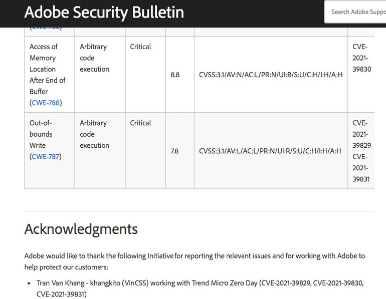 Thông tin từ website Adobe về các lỗ hổng bảo mật do chuyên gia Trần Văn Khang phát hiện. Chuyên gia Việt phát hiện 6 lỗ hổng bảo mật nghiêm trọng của Microsoft, Adobe -0